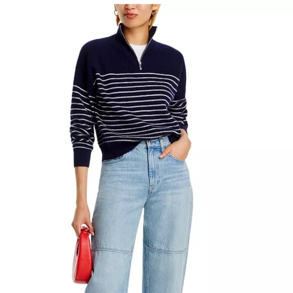 Luxurious 100% Cashmere Stripe Quarter Zip Sweater in Navy / White - Picture 2 of 6